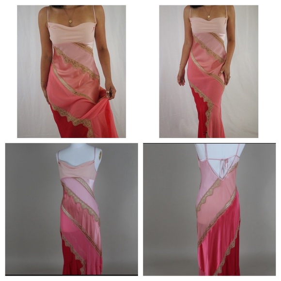 Vintage 90’s Y2K 100% Silk Slip Dress Cowl Boho Sheer Lace Backless Belladonna - Picture 11 of 16